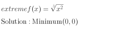 The extreme f(x)=\sqrt[3]{x^2} is Minimum(0,0)